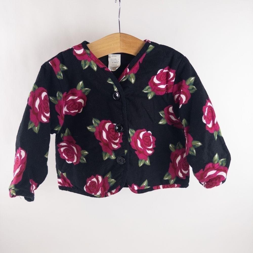Vintage 90s Baby Togs Padded Rose Floral Print‎ Jacket Boho Black Pink Girls 24m
